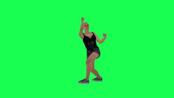 A thin woman in a green screen with no hair, with a scarred face and body, dark video