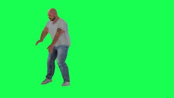 A man with a chubby athletic body in a green screen with a dark white short-slee video