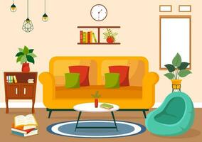 Home Decor Vector Illustration with Living Room Interior and Furniture such as Comfortable Sofa, Window, Chair, House Plants and Accessories