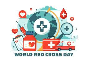 mundo rojo cruzar día vector ilustración en mayo 8 a médico salud y Proporcionar sangre en cuidado de la salud plano dibujos animados antecedentes diseño