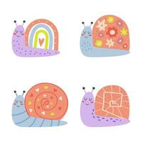 Cute cartoon snail. Vector illustration of a snail in doodle style. Set of beautiful snails. White isolated background.