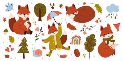 Vector set with cute foxes. Trees, rainbows, leaves, snail. Hand drawn collection of elements for scrapbooking. Children's illustration in cartoon style. Banner, poster, poster.