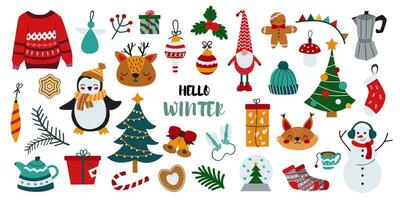 Large vector winter set. Set of New Year and Christmas objects. Collection of winter elements for scrapbooking. Christmas tree, penguin, toys, hat, gloves, reindeer. White isolated background.