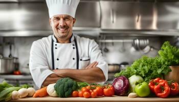 AI generated chef standing in front of a table with vegetables photo