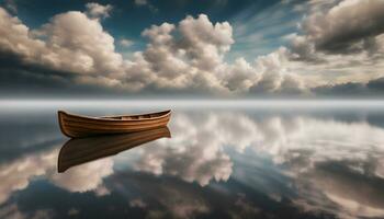 ai generado un barco flotante en el calma agua con nubes en el antecedentes foto