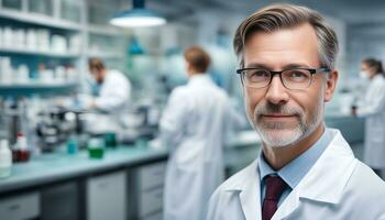 ai generado un hombre en un laboratorio Saco y lentes foto