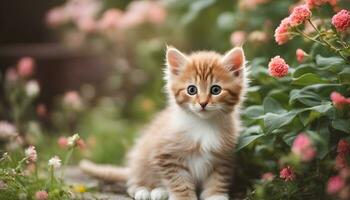 ai generado un pequeño gatito sentado en frente de flores foto