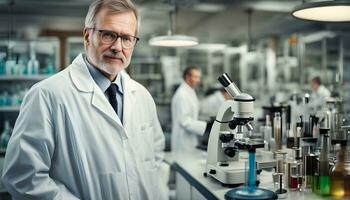 ai generado un hombre en un laboratorio Saco en pie en frente de un microscopio foto