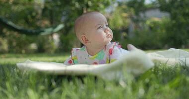 bambino ragazza posa su il prato nel giardino. bambino con contento emozioni all'aperto. video