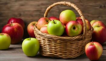 ai generado un cesta lleno con manzanas en un de madera mesa foto