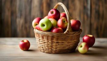 ai generado un cesta lleno con manzanas en un de madera mesa foto