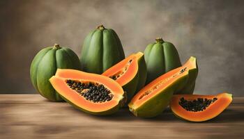 AI generated papaya on wooden table with cut open papaya photo