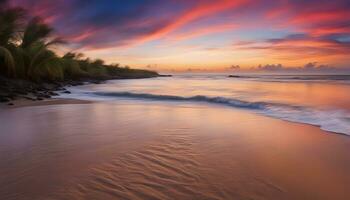 AI generated a colorful sunset over the ocean with waves and rocks photo