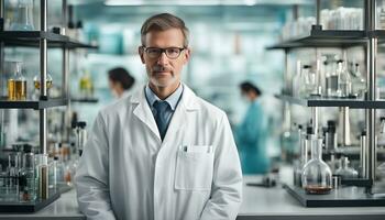 ai generado un hombre en un laboratorio Saco en pie en frente de un laboratorio foto