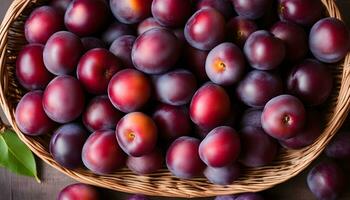 AI generated a basket full of plums on a wooden table photo