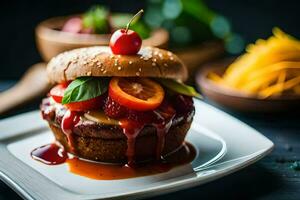 un hamburguesa con un Cereza en cima. generado por ai foto