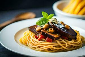 spaghetti with mushrooms and tomatoes on a white plate. AI-Generated photo