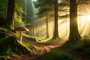 AI generated a mushroom is standing in the middle of a forest with sunlight shining through the trees photo