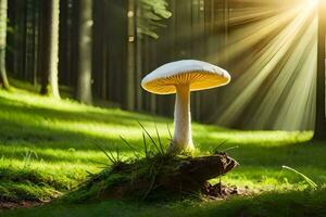 AI generated a mushroom is standing on a stump in the middle of a forest photo
