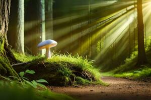 AI generated a mushroom is sitting on the ground in the middle of a forest photo