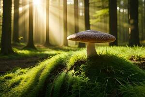 AI generated a mushroom is standing in the middle of a forest photo