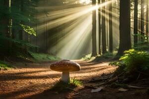 AI generated a mushroom is standing on a dirt path in the forest photo