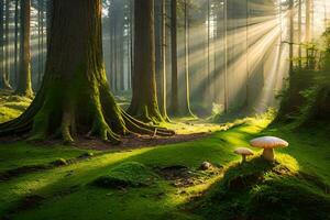 ai generado un seta en el bosque con luz de sol brillante mediante el arboles foto