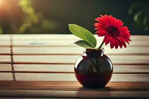 AI generated red flower in a vase on a wooden table photo