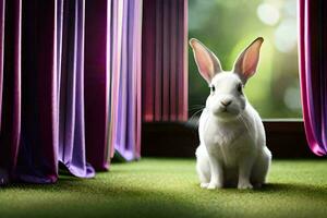 ai generado blanco Conejo sentado en frente de cortinas foto