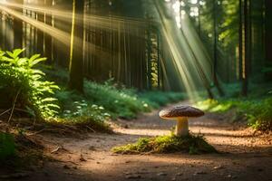 AI generated a mushroom is sitting on the ground in the middle of a forest photo