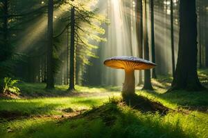 AI generated a mushroom is standing in the middle of a forest photo