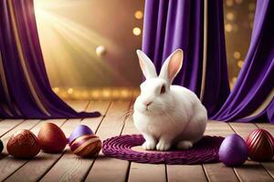 AI generated white rabbit sitting on a purple rug surrounded by colorful eggs photo