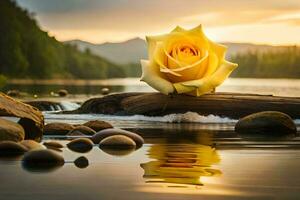 AI generated a yellow rose sits on a log in the water photo