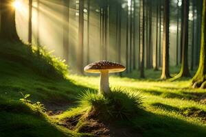AI generated a mushroom is standing in the middle of a forest photo