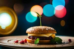 a hamburger with cheese and berries on a plate. AI-Generated photo