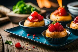 small cakes with strawberries on top of a blue plate. AI-Generated photo