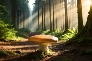 AI generated a mushroom is sitting on the ground in the middle of a forest photo