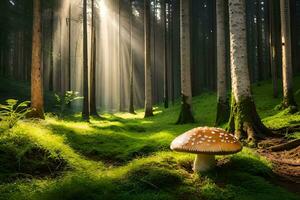 AI generated a mushroom in the middle of a forest with sunlight shining through the trees photo