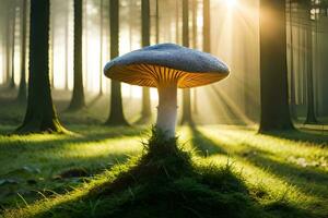 AI generated a mushroom is standing in the middle of a forest photo