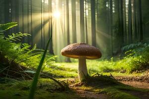 AI generated a mushroom is standing in the middle of a forest photo