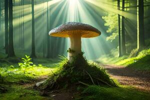 AI generated a mushroom is standing on a path in the forest photo