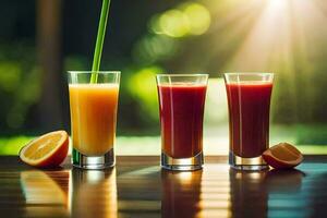 three glasses of juice with orange slices on a table. AI-Generated photo