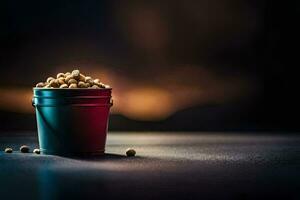 a bucket filled with peanuts on a dark background. AI-Generated photo