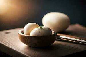 two eggs in a bowl on a wooden table. AI-Generated photo