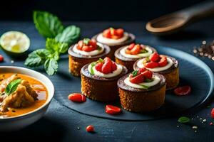 small cakes with tomato sauce and herbs on a black plate. AI-Generated photo