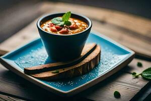 a bowl of soup with a slice of bread on a wooden table. AI-Generated photo