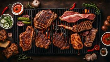 AI generated grilled meat on a grill with vegetables and other ingredients photo