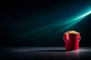 a red bucket filled with popcorn on a dark background. AI-Generated photo