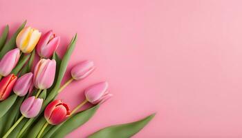 AI generated tulips on pink background with copy space photo