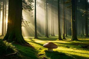 AI generated a mushroom in the middle of a forest with sunlight shining through the trees photo